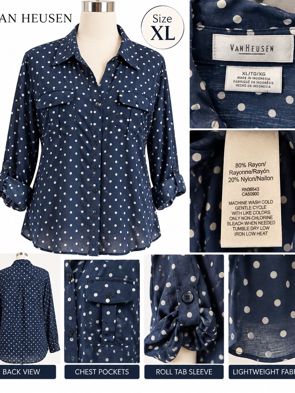 Van Heusen Navy and White Polka Dot Button-Down Shirt - XL